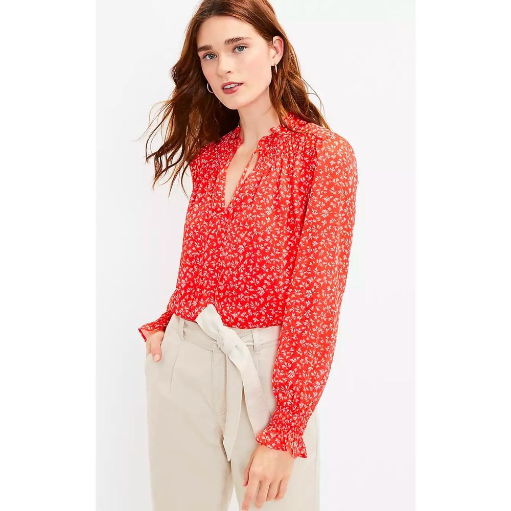 Ann Taylor LOFT Women’s XS Petite‎ Smocked Ruffle Tie Neck Blouse EUC